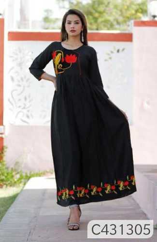 Black Unique Rayon Printed A Line Kurti