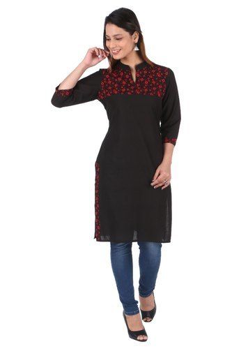 Printed Ladies Black Straight Cotton Kurti