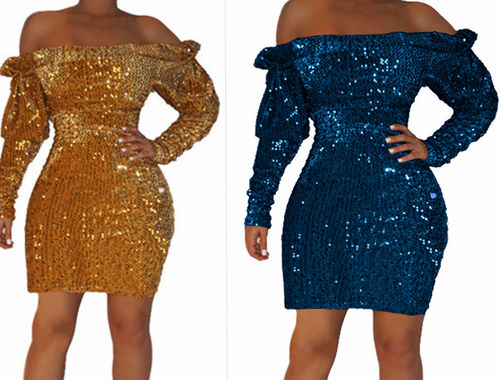 Golden Shiny Long Sleeve Dress For Night Club