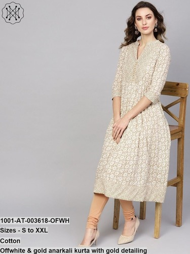 Offwhite And Gold A-Line Kurta With Gold Detailing