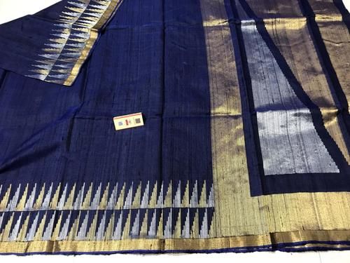 Pure Dupion Raw Silk Handloom Saree With Real Gold & Silver Metal Jari Woven Border, Pallu, Running Blouse