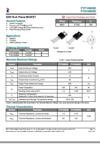 High Performance PTA10N65B Mosfet