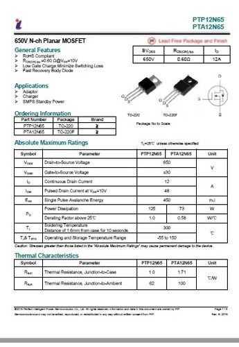 PTA12N65 12A 650V TO-220F Capacitor