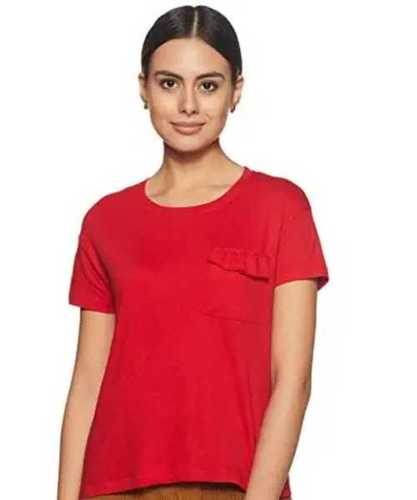 Red Women Half Sleeves Round Top 