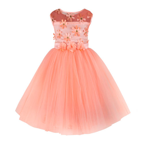 Kids Flower Applique Peach Tutu Girls Party Wear Dress