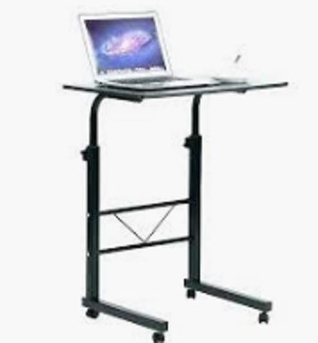 Height Adjustable Sit-Stand Desk - Ergonomic, Pneumatic Lever Adjustment | Rolling Computer Cart with Utility Shelves, Locking Wheels, and Ample Space for Monitors and Supplies