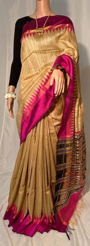 Pure Gheecha Tussar Handloom Temple Border Saree with Ikkat Woven Pallu, Contrast Blouse 