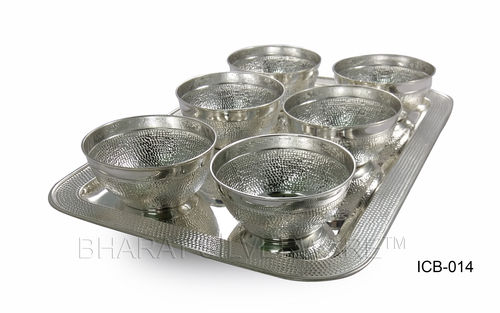 Bharat Silverware Pure Silver Pudding Set, Contains 6 Bowl and Tray
