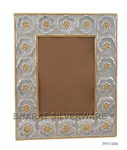 Metal Bharat Silverware Pure Silver Rectangle Photo Frame (Gold Accent)