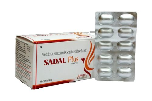 Sadal Plus Tablet Ingredients: Aceclofenac I.P. 100Mg.+ Paracetamol I.P. 325 +M.G.Serratiopeptidase I.P. 15 Mg.