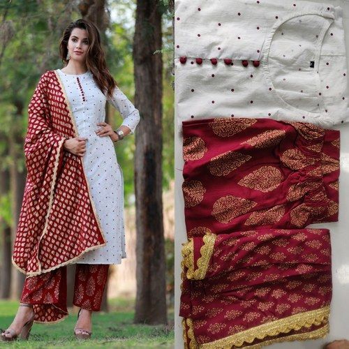 Cotton Designer Kurti With Rayon Gold Print Palazzo And Dupatta Bust Size: 38-44 Inch (In)