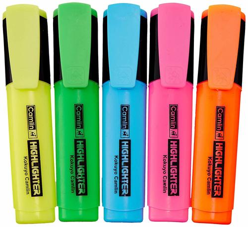 Camlin Highlighter - Water-Based Fluorescent Ink, Non-Toxic Chisel Tip for Bright Underlining & Highlighting, Available in 5 Assorted Shades