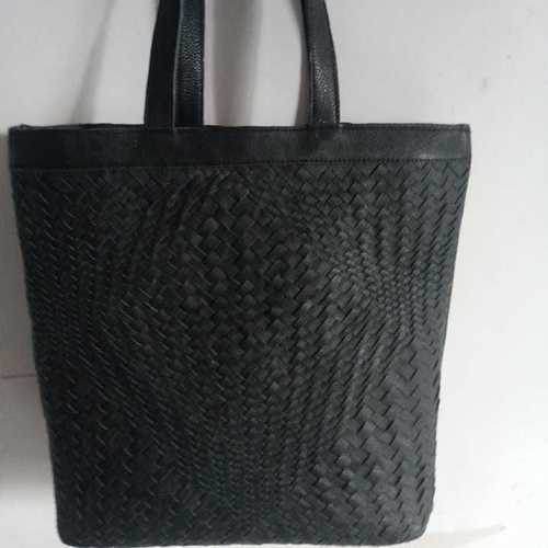 Black Hand Weaving Leather Tote Bag