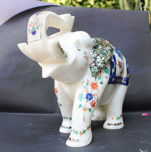 Antique Imitation Marble Elephant Insert With Semi Precious Stone