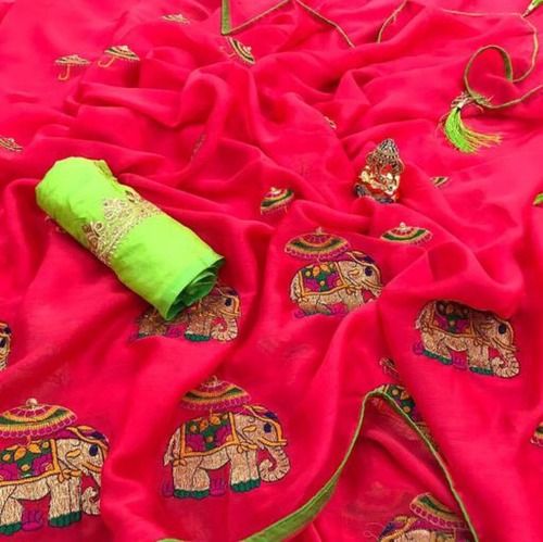 Red Velvet Embroidery Work Saree