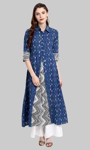 Dry Cleaning Blue Printed Cotton A Line Kurti