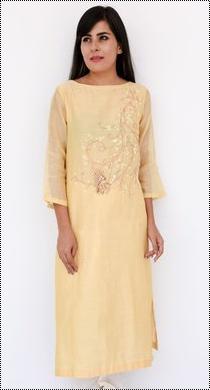 Light Cream Chanderi Kurti With Chikan And Zardozi Hand Embroidery Size: Small