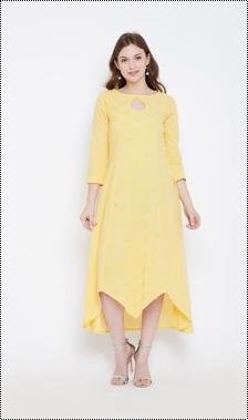 Yellow Cambric Cotton Kurti With Chikan Hand Embroidery Size: Small