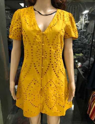 Ladies Fancy Short Kurti - Cotton Blend, Size L-XXXL, Yellow | Anti-Wrinkle, No Fade, Comfortable, Easily Washable, Perfect for Summer Daily Wear