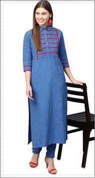 Cotton Blue Yoke Design Ladies Kurta With Trousers