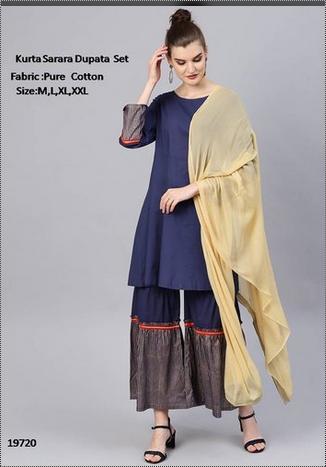 Women Cotton Kurta With Sharara Dupata