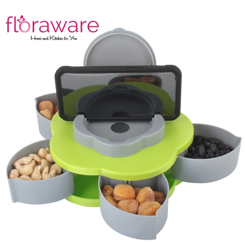 Floraware 5 Compartments Flower Candy Box - Abs Material, Green, Portable Design | Eco Friendly, Durable, Serving Rotating Tray With Mobile Phone Stand