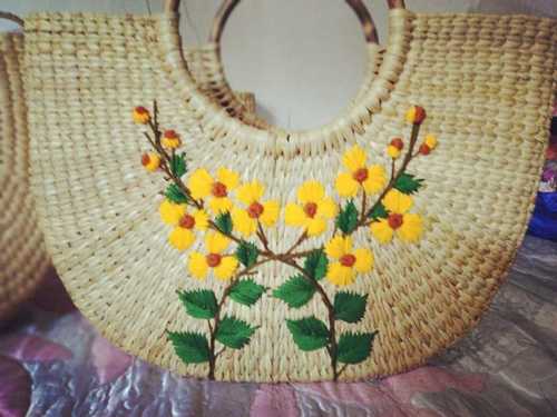 Natural Brown Handcrafted Embroidered Water Reed Handbags