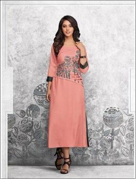 Rayon Ladies Peach Embroidered Kurti