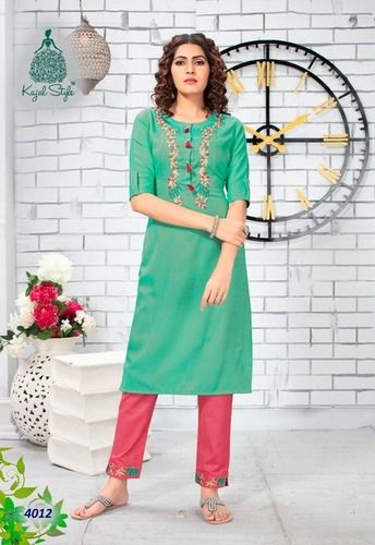 Green And Pink Fancy Embroidery Kurti With Pant