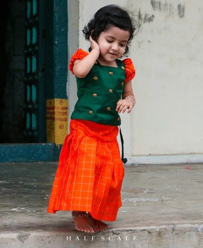 Indian Orange And Green Elephant Beaded Puff Sleeved Silk Skirt-Set