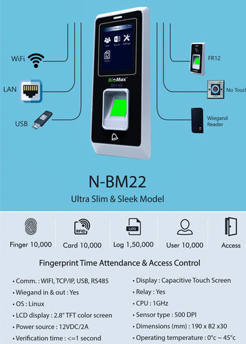 Fingerprint Time Attendance - 2.8" TFT Color Touch Screen, 1GHz CPU, 500 DPI Sensor, 12VDC Power Supply, Operating Temperature 0°C to 45°C