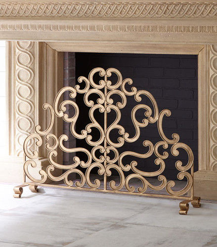 Wrought Iron Fire Screen - 24 x 32 Inches, Elegant Black and Silver Openwork Design