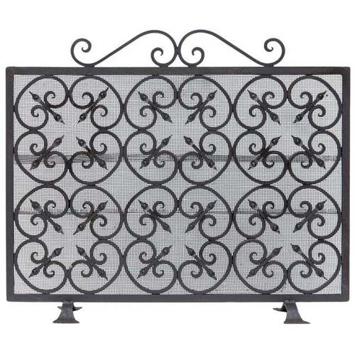 Iron Fireplace Screen - Handcrafted Iron & Tole Metal, 47.75" x 30.5" Black with Hand-Painted Finish, Mesh Backing