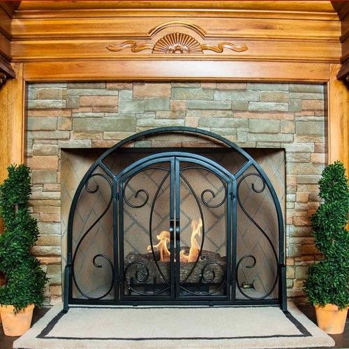 Wrought Iron Fire Screen - 24x32 Inches, Black Powder Coated Finish | Heavy-Gauge Metal, Decorative Scroll Work, Adjustable 3-Panel Design