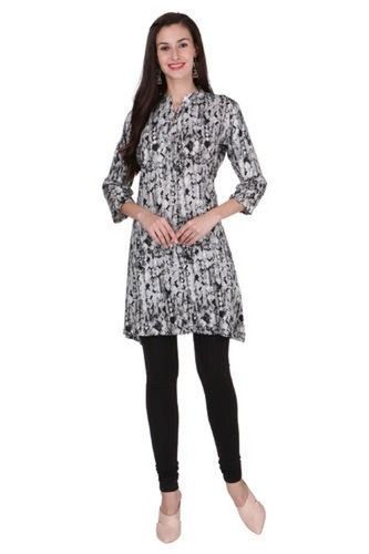 Ladies Black And White Rayon Printed Short Kurti