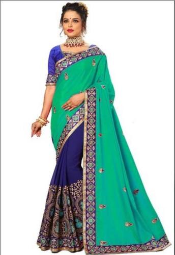 Silk Georgette Half And Half Embroidered Saree With Blouse Piece