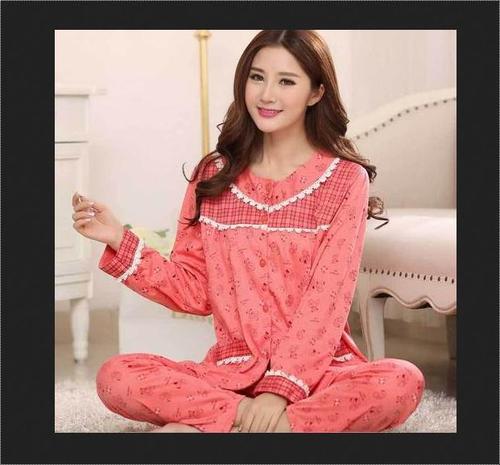 Pink Womens Cotton Knitted Night Suits