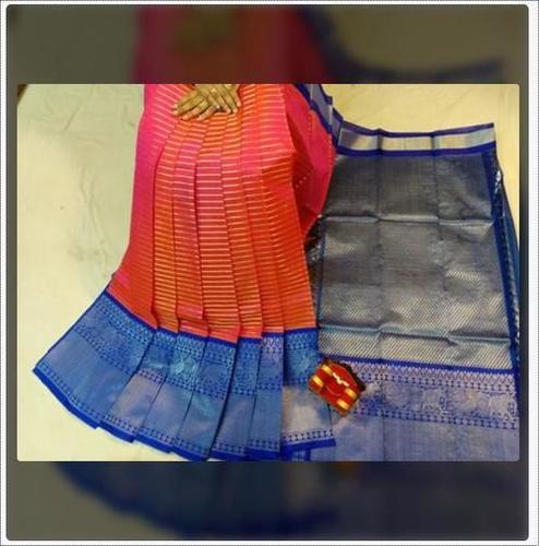 Multicolor Zari Border Orange And Blue Kuppadam Handloom Silk Saree