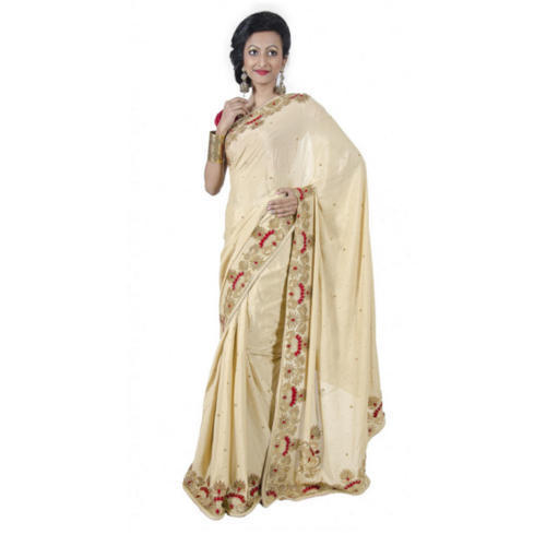 Chiffon Golden And Red Party Wear Ladies Hand Embroidered Saree With Blouse Piece