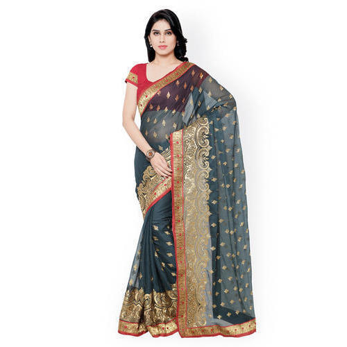 Gray Gray, Golden And Red Designer Party Wear Georgette Saree