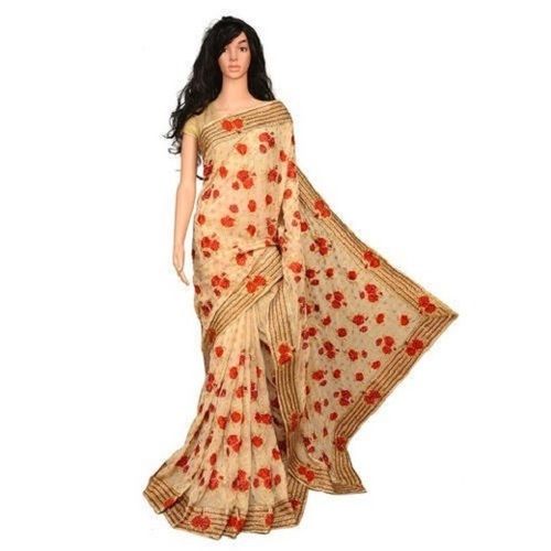 Embroidered Party Wear Golden And Red Embroidery Fancy Saree