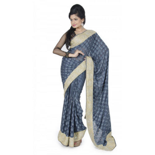 Summer Party Wear Grey And Golden Georgette Fancy Saree