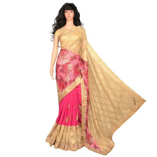 Georgette Party Wear Pink And Golden Ladies Lace Border Saree With Blouse Piece