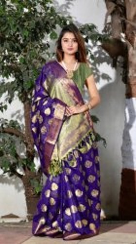Eye Catching Patterns Kancheepuram Silk Linen Saree - 5.5 m with Separate Blouse Piece, Multicolor, Premium Quality, Skin Friendly, Shrink Resistant, Heavy Zari Weaving Work, Ideal for Casual and Party Wear