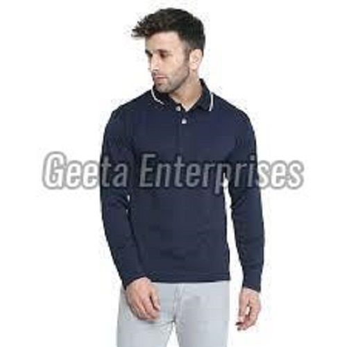 Blue Mens Plain Full Sleeves Polo Neck T Shirt