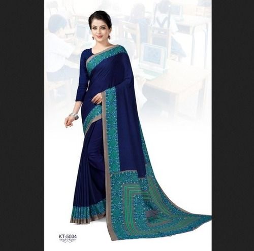 Rainy Formal Wear Navy Blue Crepe Plain Uniform Saree With Blouse Piece