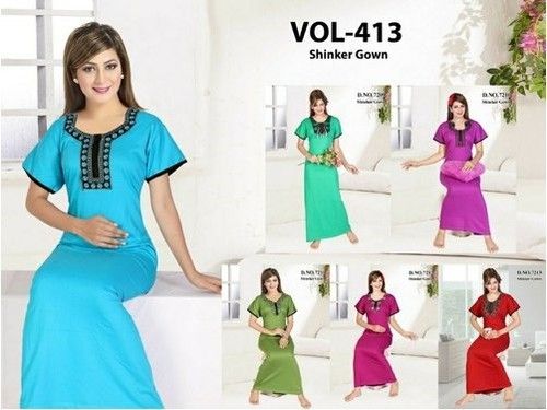 Various Long Plain Easily Washable Printed Half Sleeves Ladies Nighty