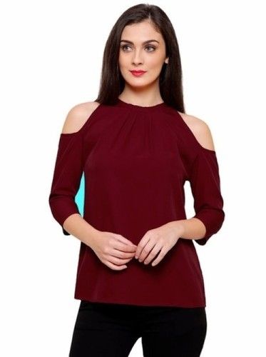 Plain Chiffon Cold Shoulder Maroon Top