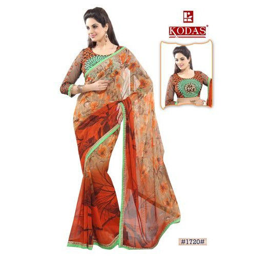 Trendy Printed Pure Georgette Saree With Fancy Work Blouse