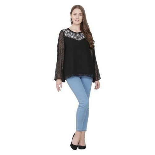 Embroidered Full Sleeve Ladies Fancy Black Chiffon Top Size: S-Xl